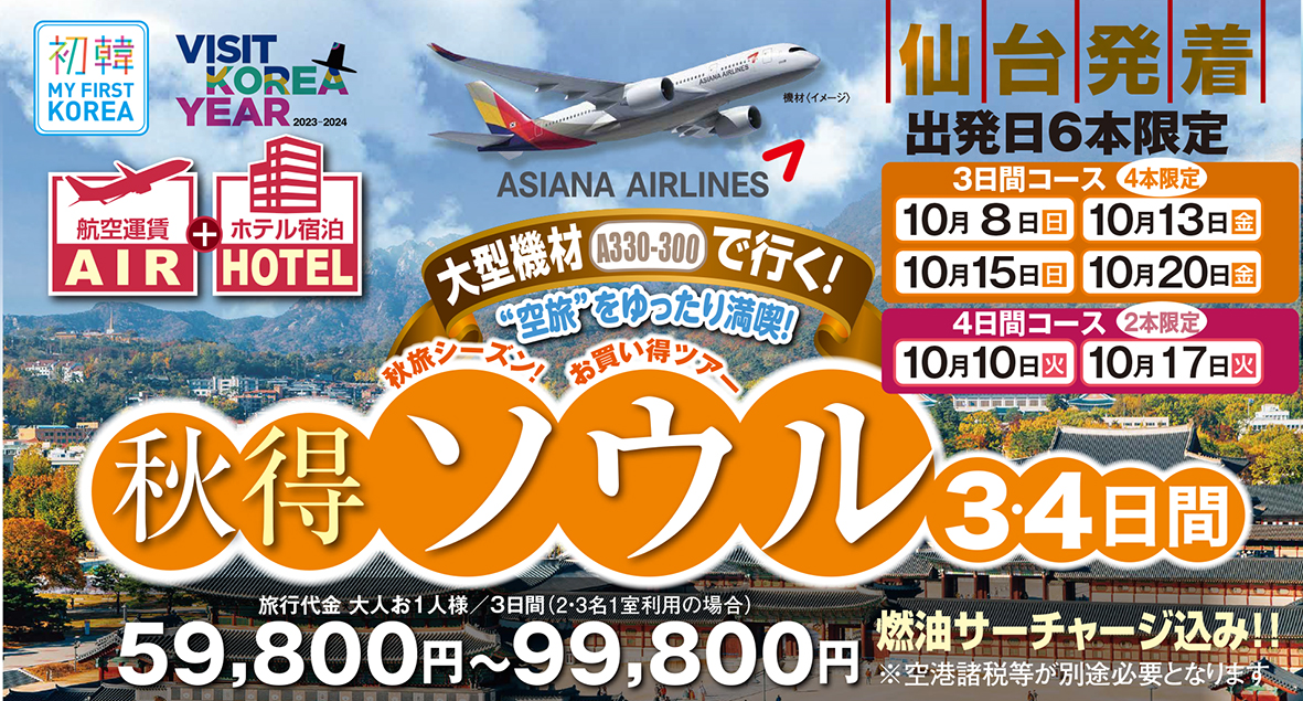 出発日限定！食欲の秋はソウルで満腹♪大型機材で行く！秋得ソウル