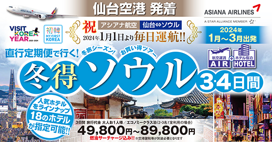 祝☆仙台⇔ソウル1月1日より毎日運行再開☆冬得ソウル発売開始☆