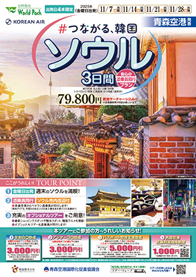 【11/7、14、21、28催行待ち】
青森空港発着 大韓航空利用
＃つながる、韓国 
ソウル ３日間
