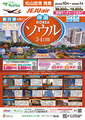 松山空港発着 チェジュ航空
得選ソウル
３日間
