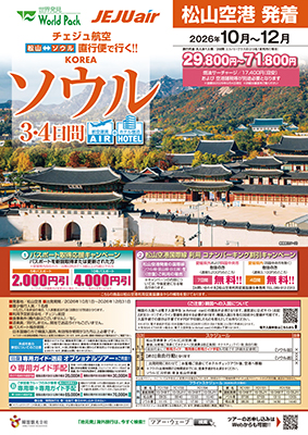 松山空港発着 チェジュ航空
ソウル
３日間
